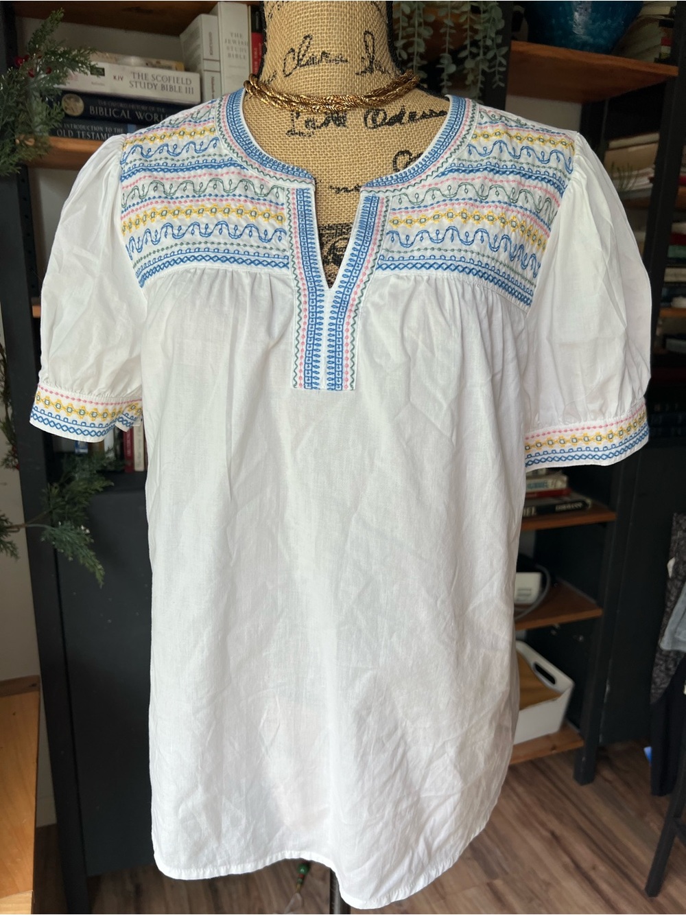 St. John's Bay White Embroidered Top with Blue and Pink Accents